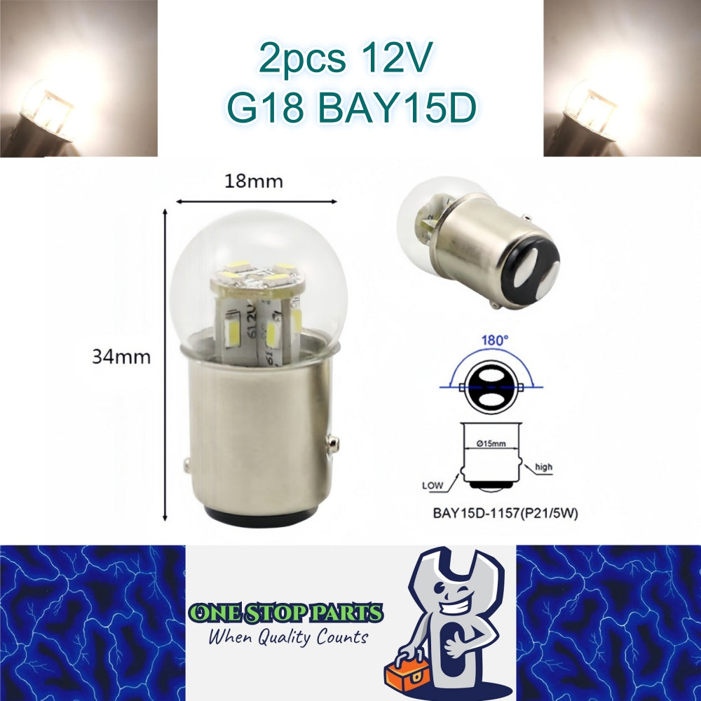 2 x Warm White G18 BAY15D 1157 12V 12SMD 100LM LED Globes (2pcs)