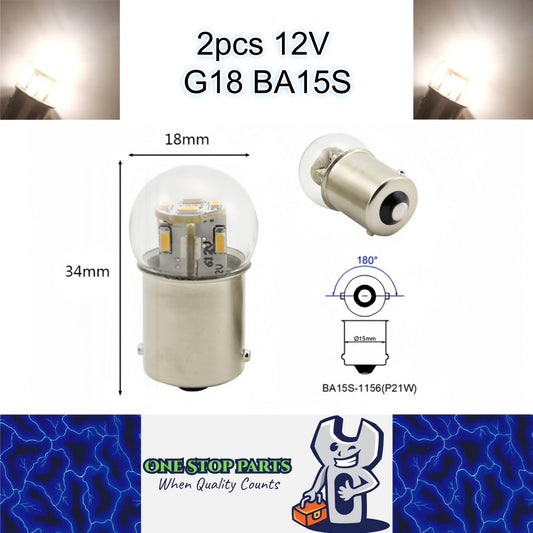 2 x Warm White G18 BA15S 1156 12V 12SMD 100LM LED Globes (2pcs)