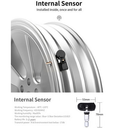 Tyre Pressure Monitor System TPMS Solar USB Car Tire Alarm 4 Internal Sensors