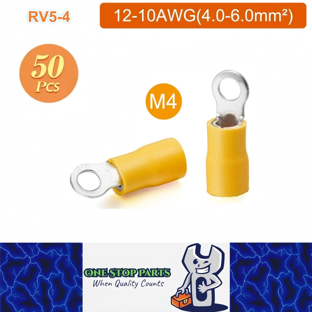 50 x Yellow Ring Terminals M4 RV5-4 Ring Crimp Terminal 12-10AWG Wire Connector