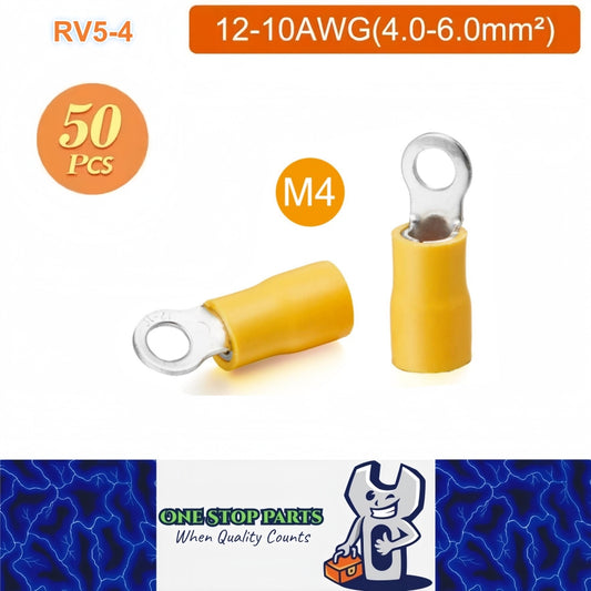 50 x Yellow Ring Terminals M4 RV5-4 Ring Crimp Terminal 12-10AWG Wire Connector