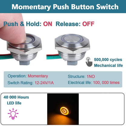 16mm Yellow LED Metal Push Button Switch Ultra Thin 12-24V Pre-Wired Self Reset