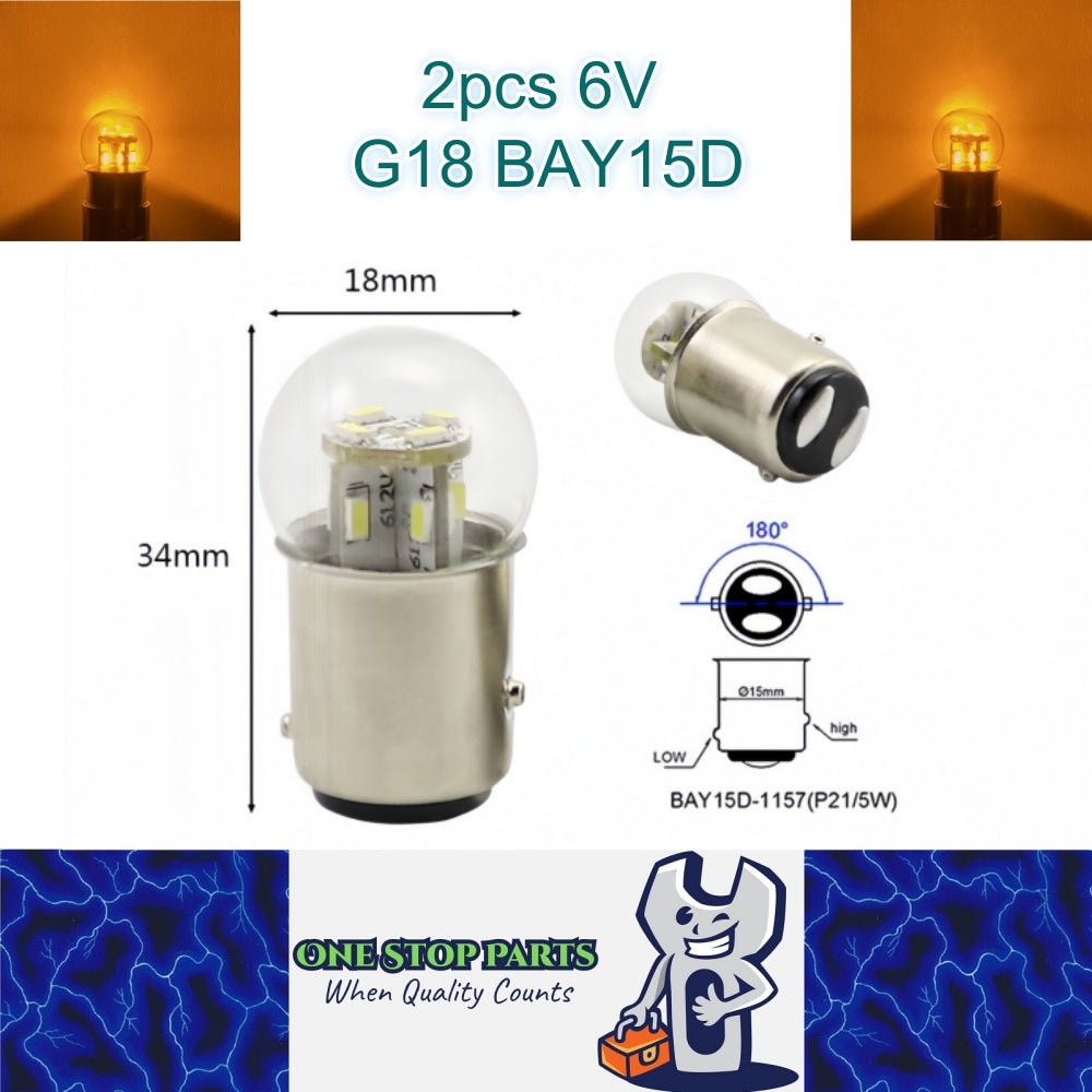 2 x Yellow G18 BAY15D 1157 6V 12SMD 100LM LED Globes (2pcs)
