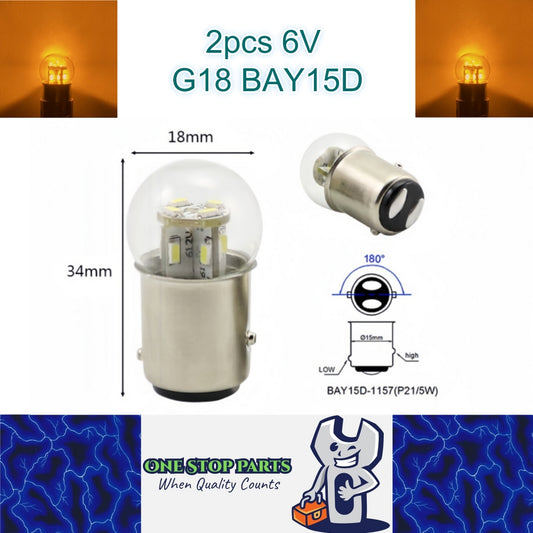 2 x Yellow G18 BAY15D 1157 6V 12SMD 100LM LED Globes (2pcs)