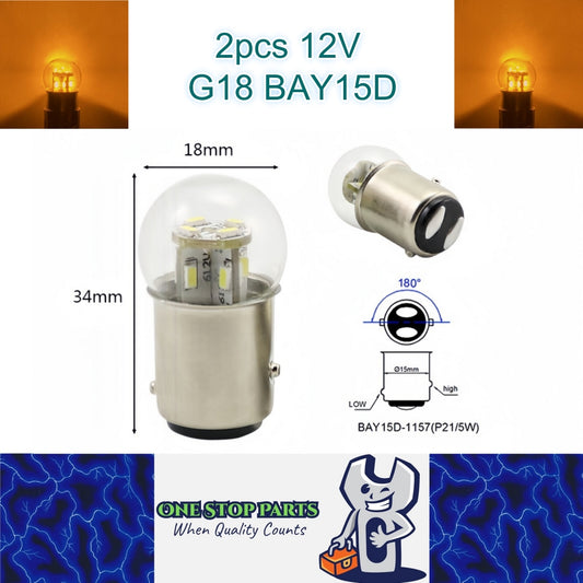 2 x Yellow G18 BAY15D 1157 12V 12SMD 100LM LED Globes (2pcs)