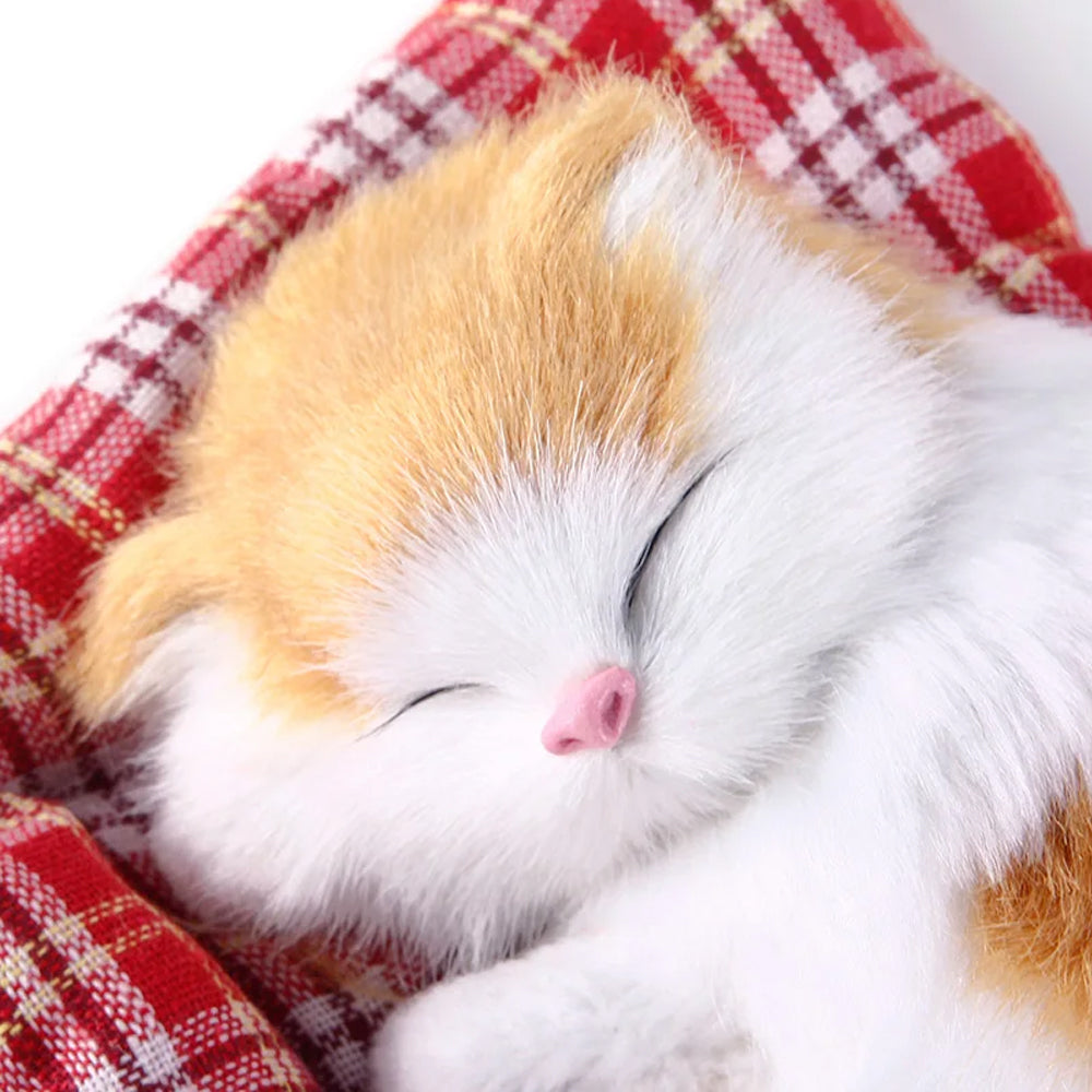 Yellow Sleeping Cat in Pet Pad Doll Mini Kitten Toy with Meows Sound Car Decor