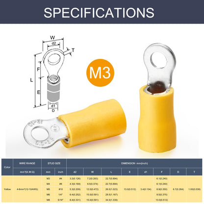 50 x Yellow Ring Terminals M3 RV5-3 Ring Crimp Terminal 12-10AWG Wire Connector