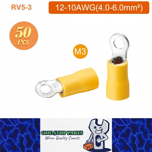 50 x Yellow Ring Terminals M3 RV5-3 Ring Crimp Terminal 12-10AWG Wire Connector