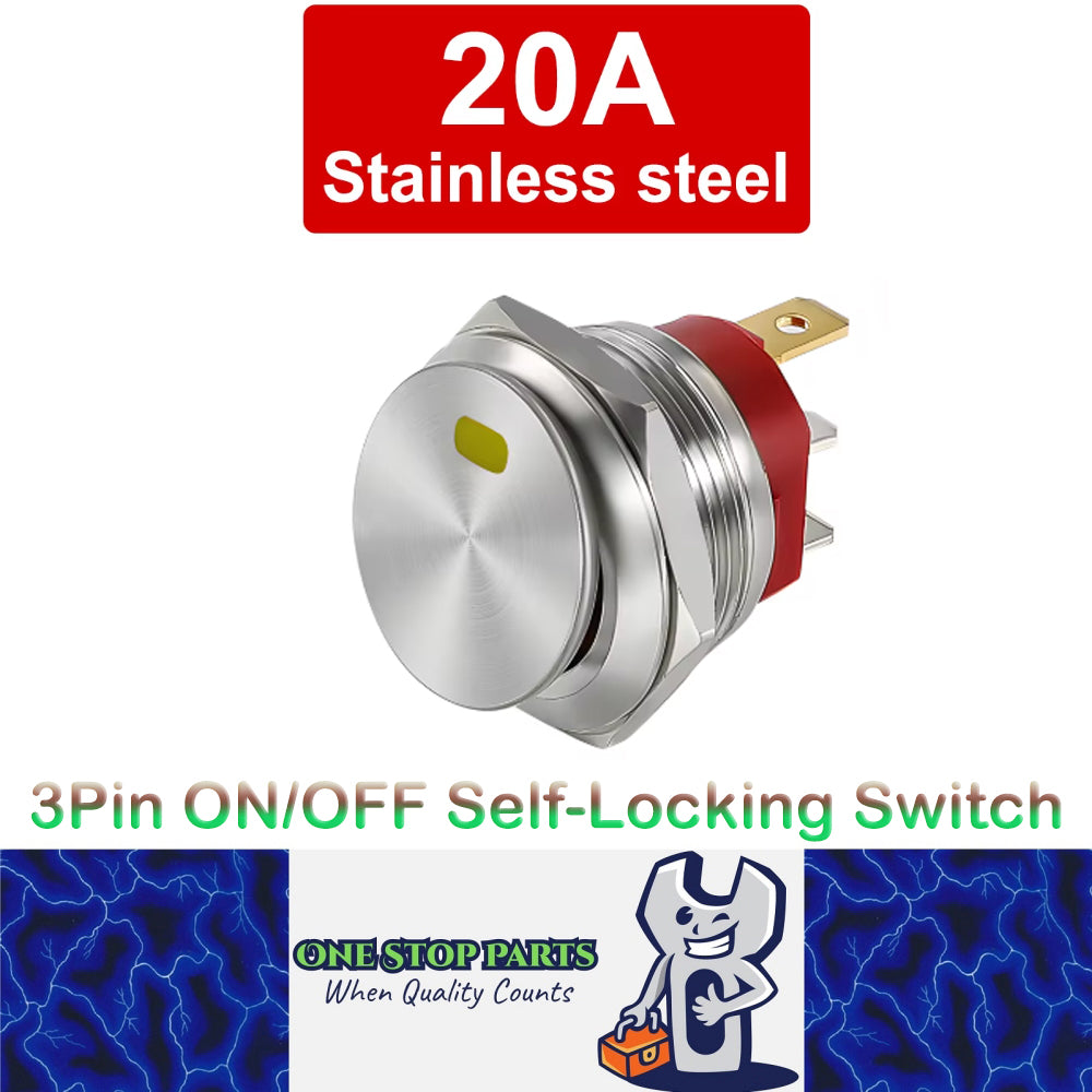 Yellow LED 22mm Metal Push Button Switch 12V 20A 3Pin ON/OFF Self-Lock ...