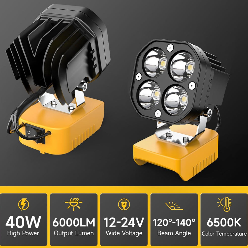 1x 40W LED Work Light 12-24V 6500K 6000LM Compatible with Dewalt 20V 18V Battery
