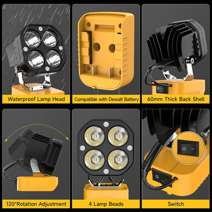 1x 40W LED Work Light 12-24V 6500K 6000LM Compatible with Dewalt 20V 18V Battery