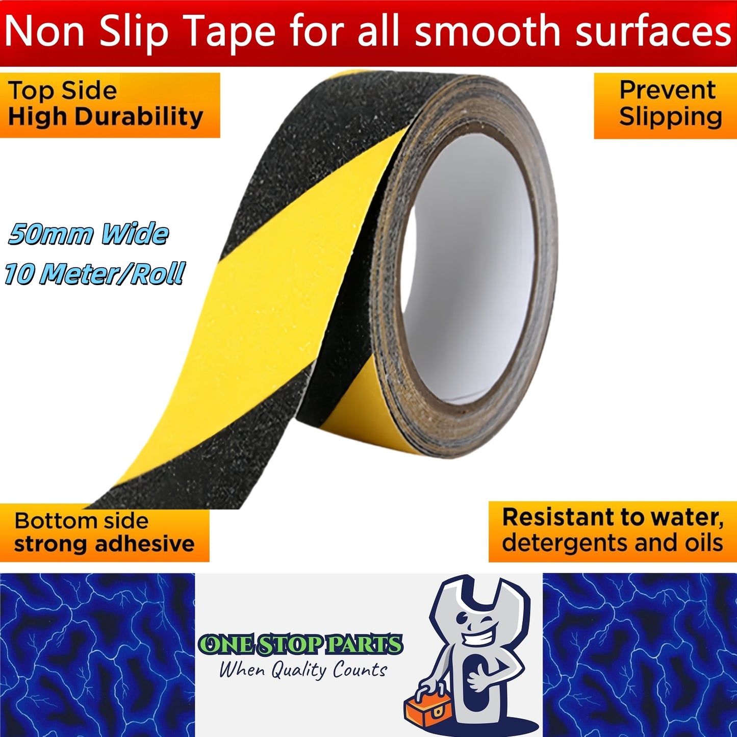 Non Slip Tape 50mm Wide x 10 Meter Roll Yellow/Black Safety Anti Slip Tape 10M