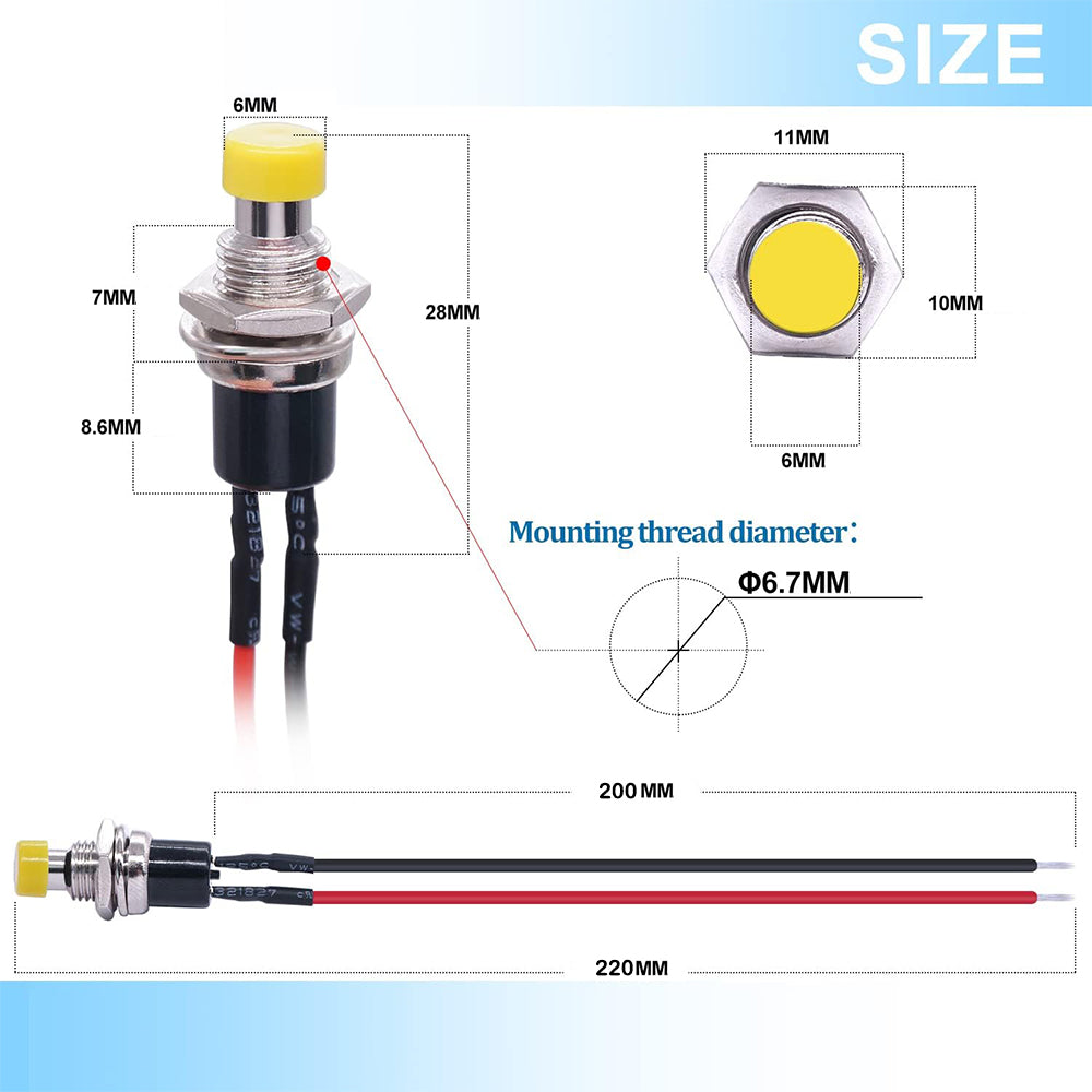 5 x Yellow Push Button Switches 7mm ON/OFF SPST Panel Mount Switches 20cm Wire