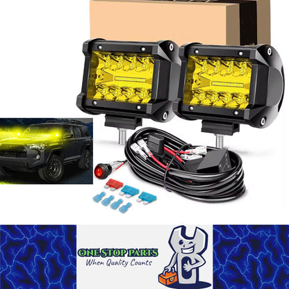 2x Yellow LED Light Bar 30W 102x80mm Flood Spot Beam LED Work Light with Harness