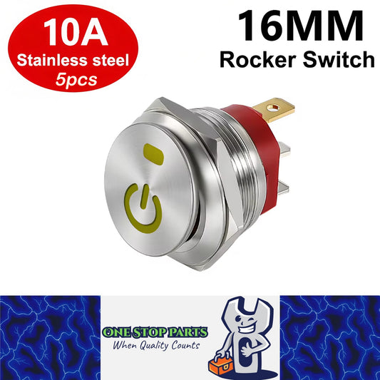 5x Yellow Power LED 16mm Metal Rocker Switch 12-24V 10A 3Pin ON/OFF Self-Locking