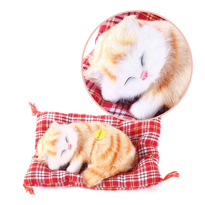 Yellow Sleeping Cat in Pet Pad Doll Toy Mini Kitten with Meows Sound Car Decor