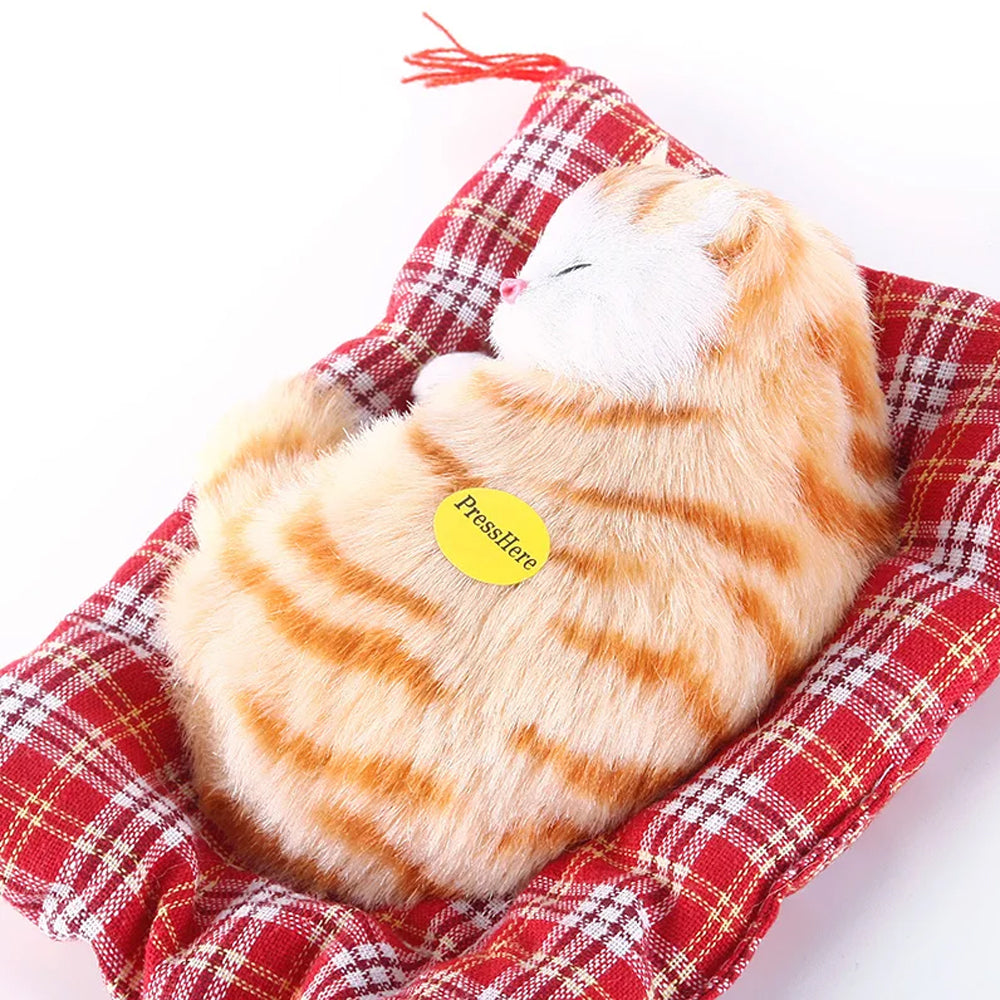 Yellow Sleeping Cat in Pet Pad Doll Toy Mini Kitten with Meows Sound Car Decor