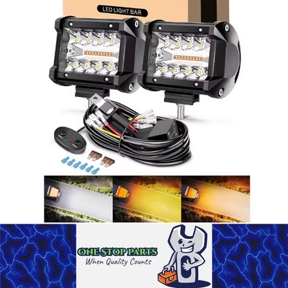 2 x White/Yellow LED Light Bar 30W 102x80mm Flood Spot Work Light with Harness