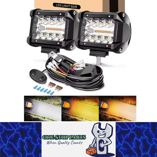 2 x White/Yellow LED Light Bar 30W 102x80mm Flood Spot Work Light with Harness