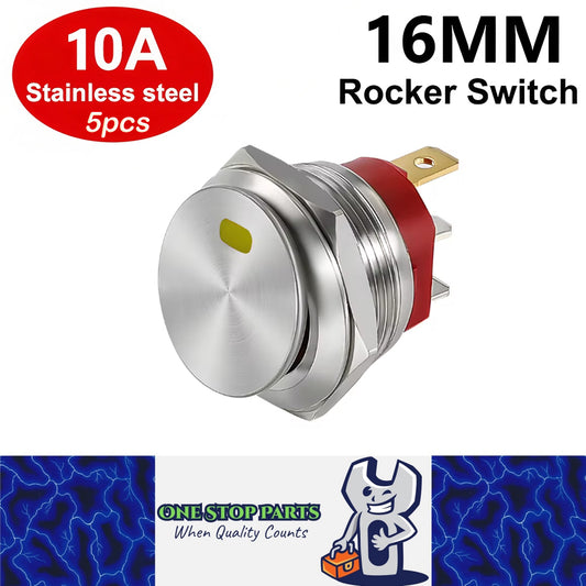 5 x Yellow LED 16mm Metal Rocker Switch 12-24V 10A 3Pin ON/OFF Self-Locking
