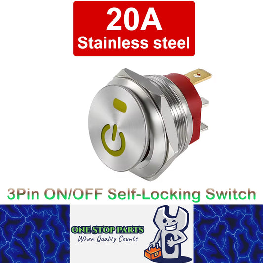 22mm Metal Push Button Switch Yellow LED 12V 20A 3Pin ON/OFF Self-Locking Switch